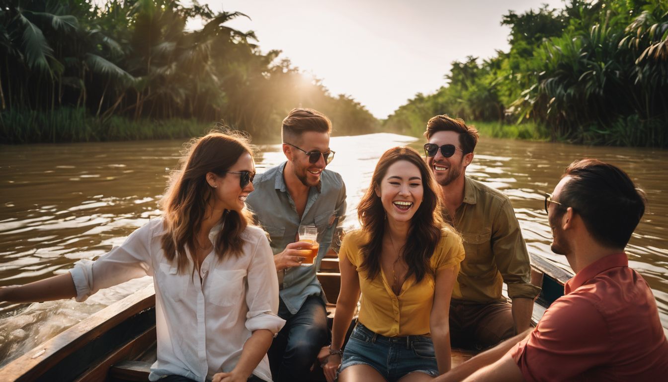 A diverse group of friends having a lively and joyful boat tour along the Mekong Delta.
