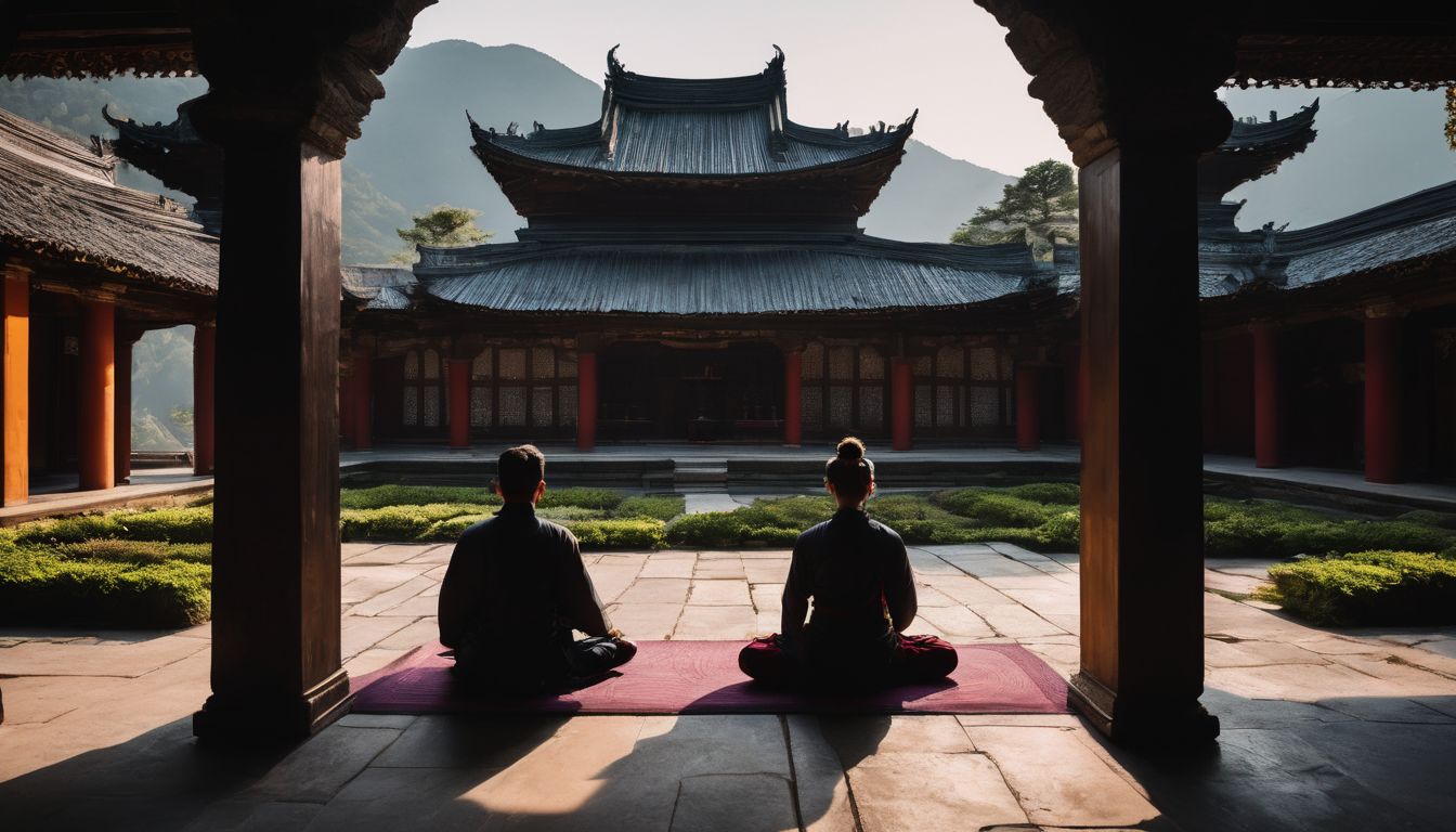 A serene photo of a person meditating in a temple courtyard, showcasing various hairstyles, outfits, and facial expressions.