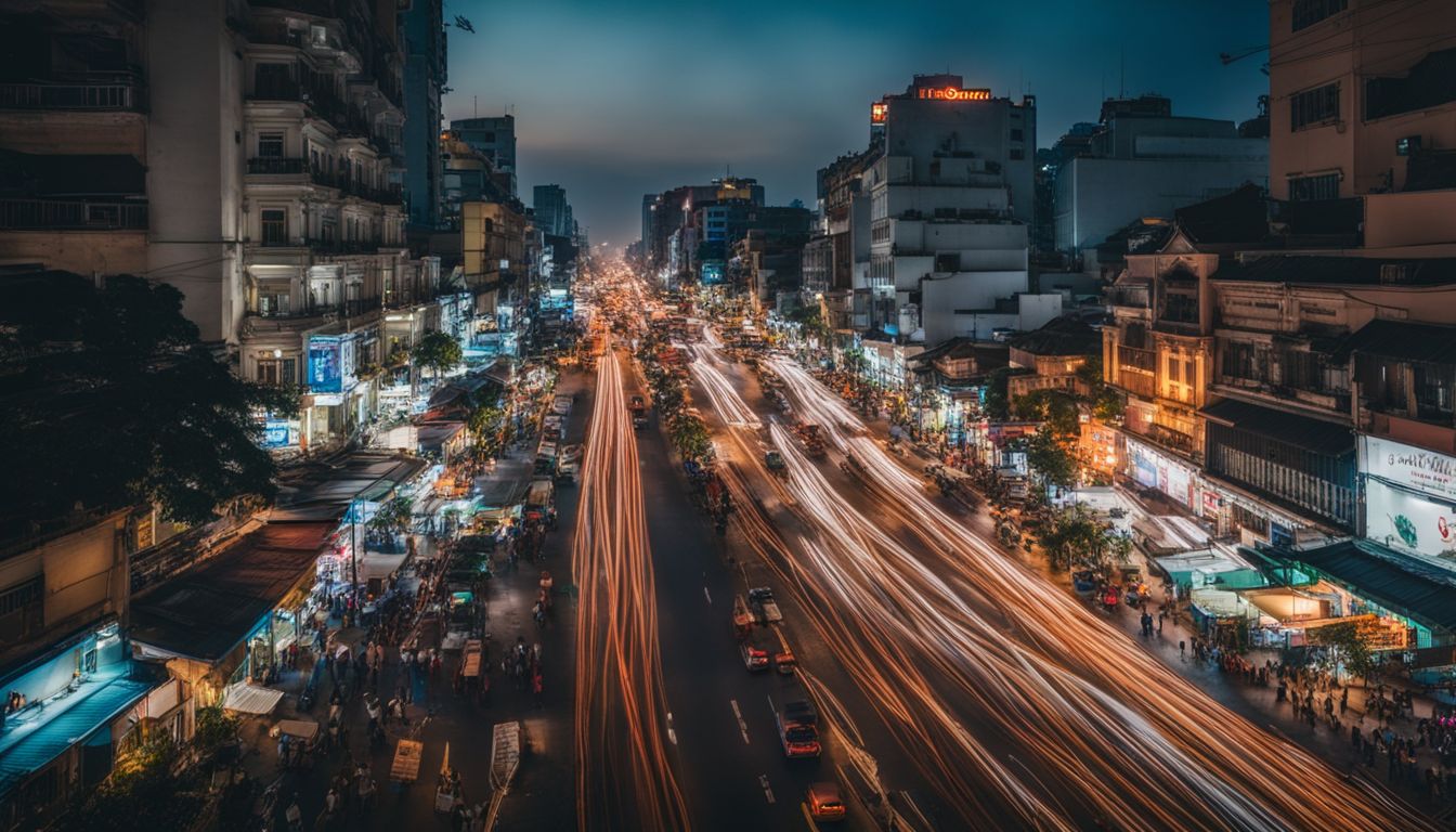 A captivating photograph of Ho Chi Minh City's vibrant streets at night, showcasing its diverse population and lively atmosphere.