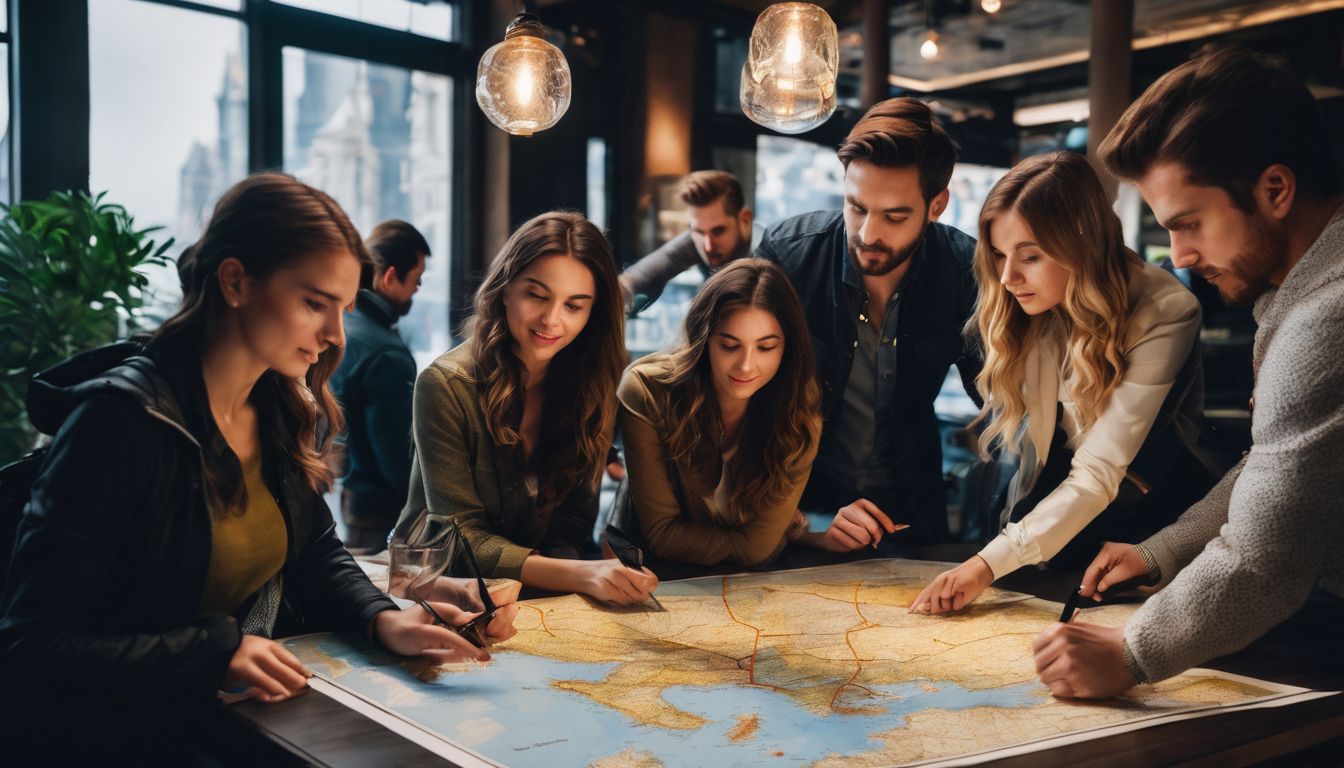A diverse group of travelers plan their itinerary in front of a map.