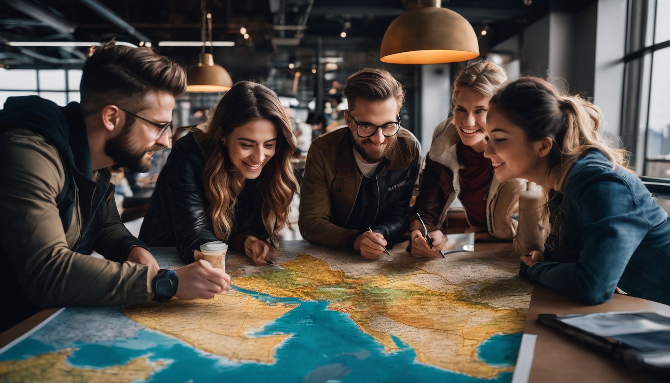 A diverse group of individuals gather around a world map, planning their next adventure.