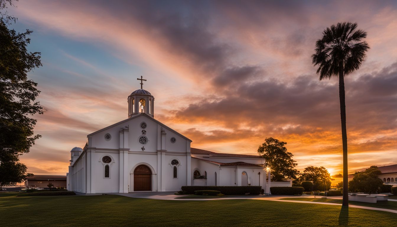 Exterior view of Our Lady Of Fatima Catholic Church at sunset with a bustling atmosphere and diverse individuals.