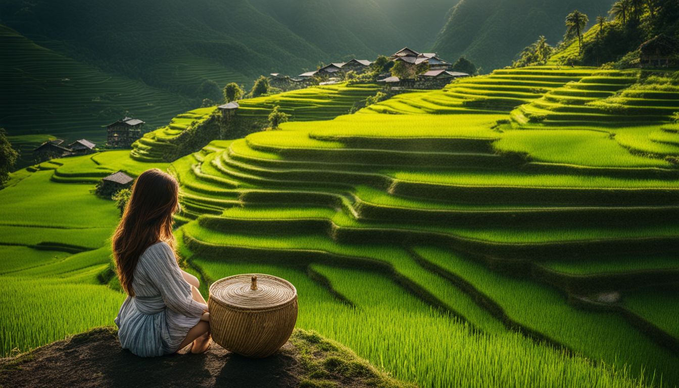 A stunning photograph of lush rice terraces set against a majestic mountain backdrop.