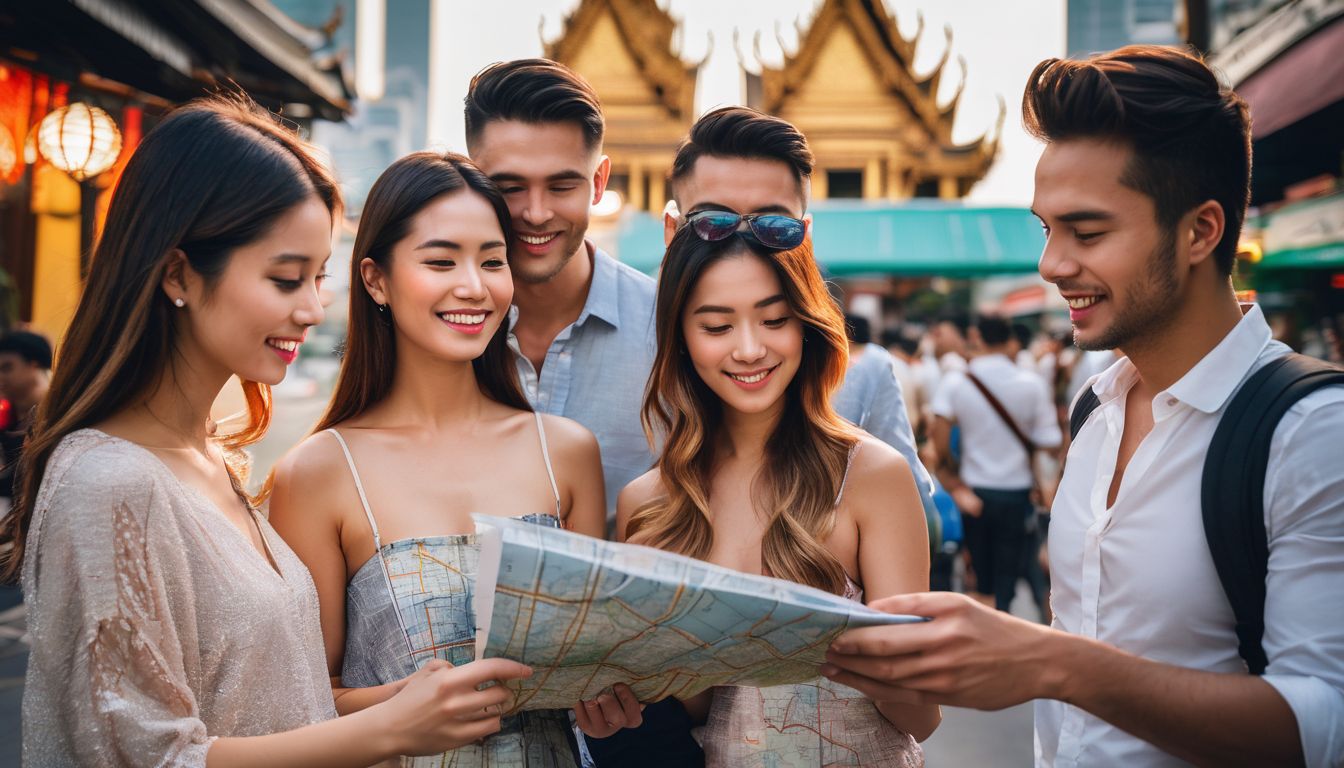 A diverse group of friends explore Bangkok's iconic landmarks while holding a tourist map.