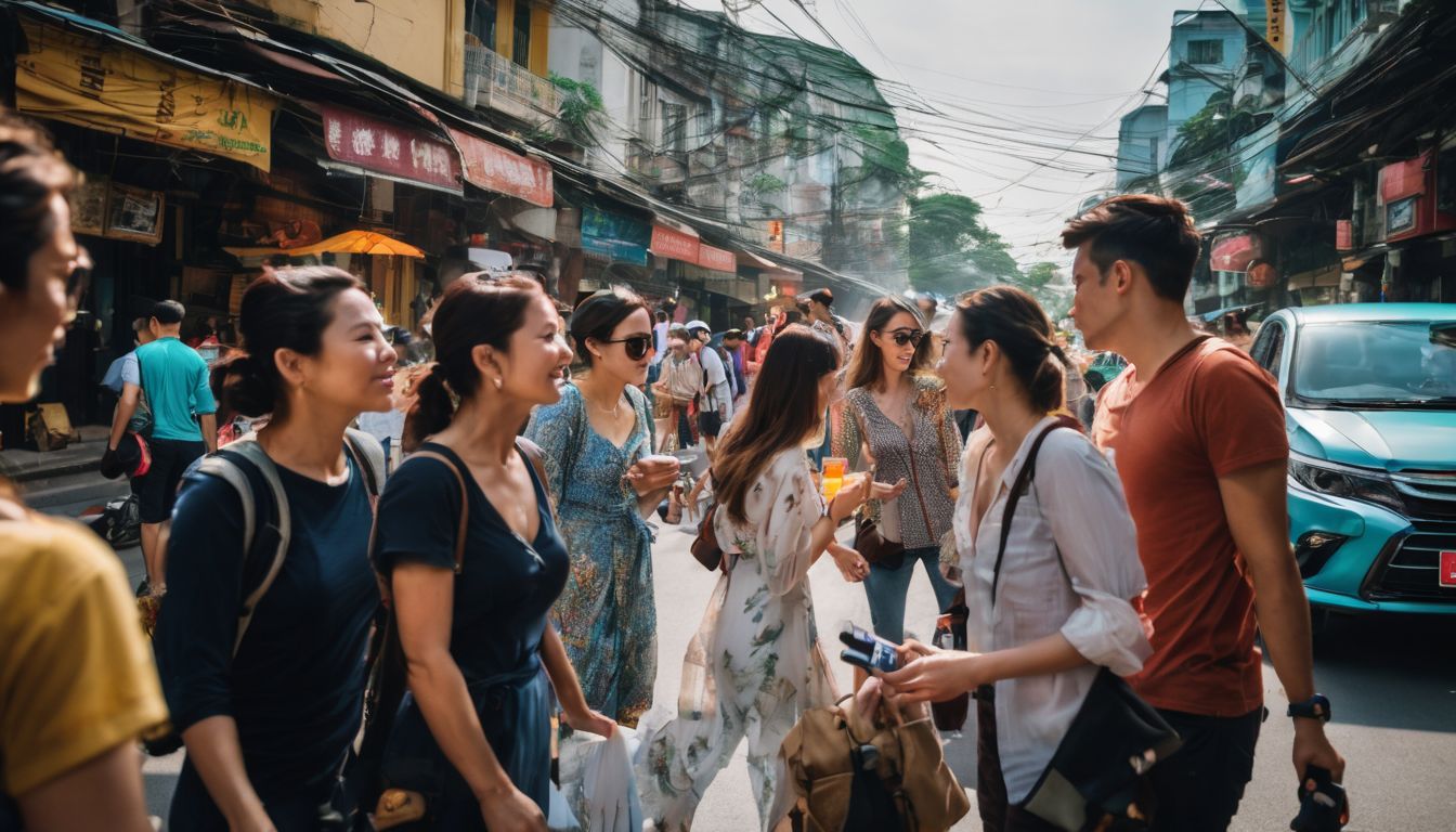 A diverse group of tourists explore the vibrant streets of Ho Chi Minh City.