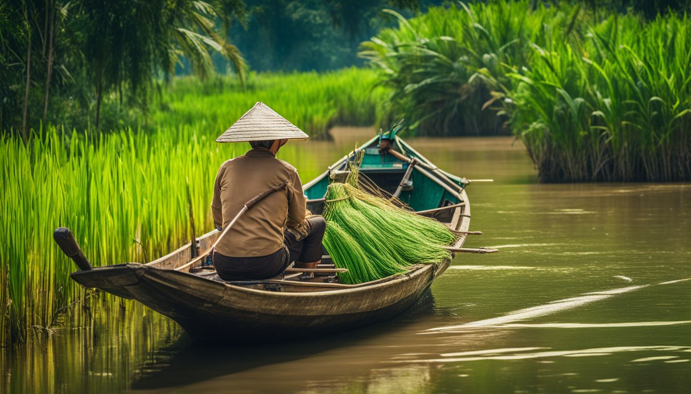 A traditional fishing boat floats along the Mekong Delta, surrounded by lush green fields and local villagers.