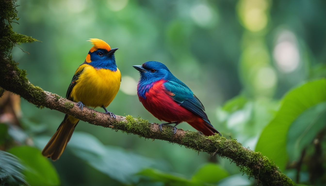 A photo of a variety of colorful bird species in a vibrant forest setting, captured with precision and clarity.