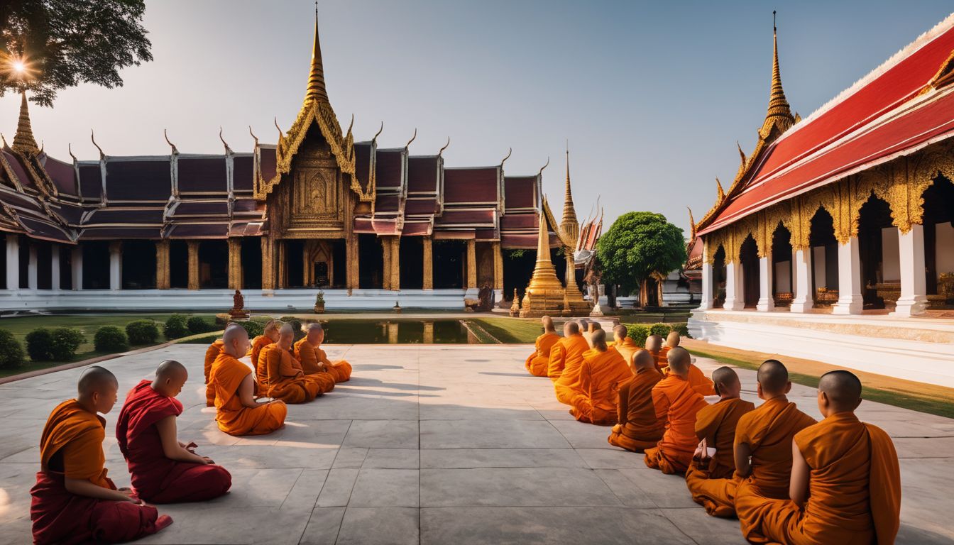 A diverse group of Buddhist monks meditate in the peaceful courtyard of Wat Phra Si Rattana Mahathat.