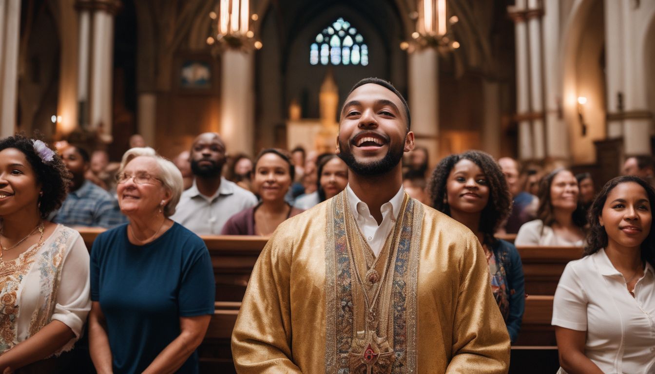 A diverse group of people gathered in a beautifully decorated church, capturing the essence of multicultural worship.