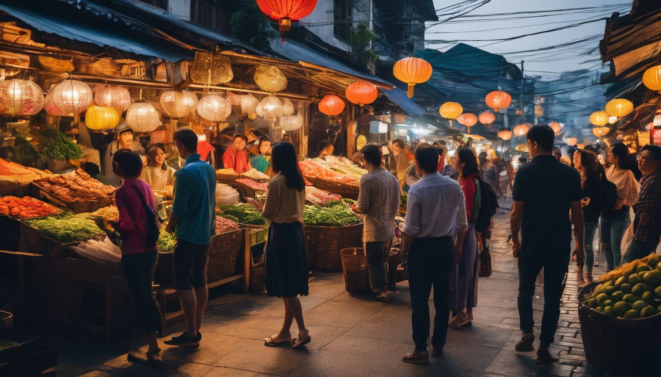 A diverse group of travelers pose in front of a traditional Vietnamese market, capturing the bustling atmosphere and vibrant cityscape.
