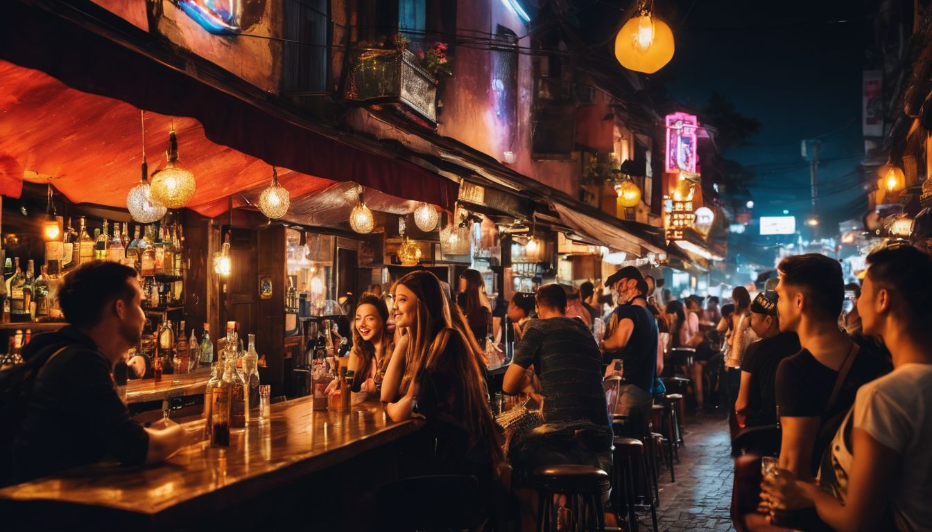 A diverse group of backpackers enjoying a night out at a lively bar in Pham Ngu Lao Street.