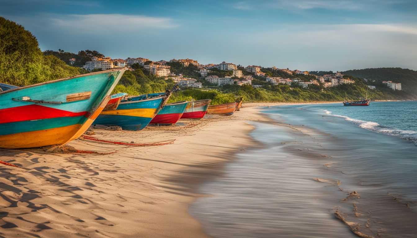 A picturesque beach scene with a vibrant array of fishing boats along the shore.