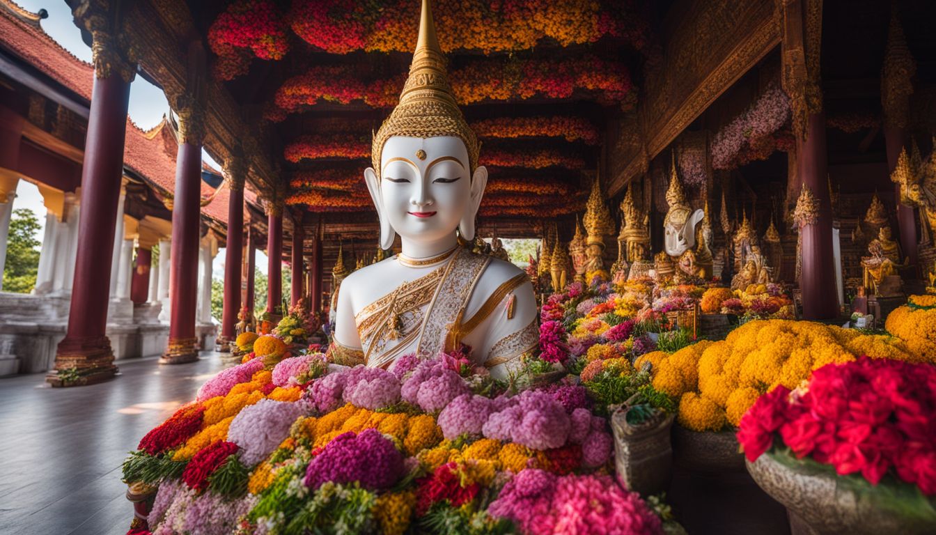 A photo of the Phraphut Kiti Sirichai statue surrounded by colorful Thai flower offerings in a bustling atmosphere.
