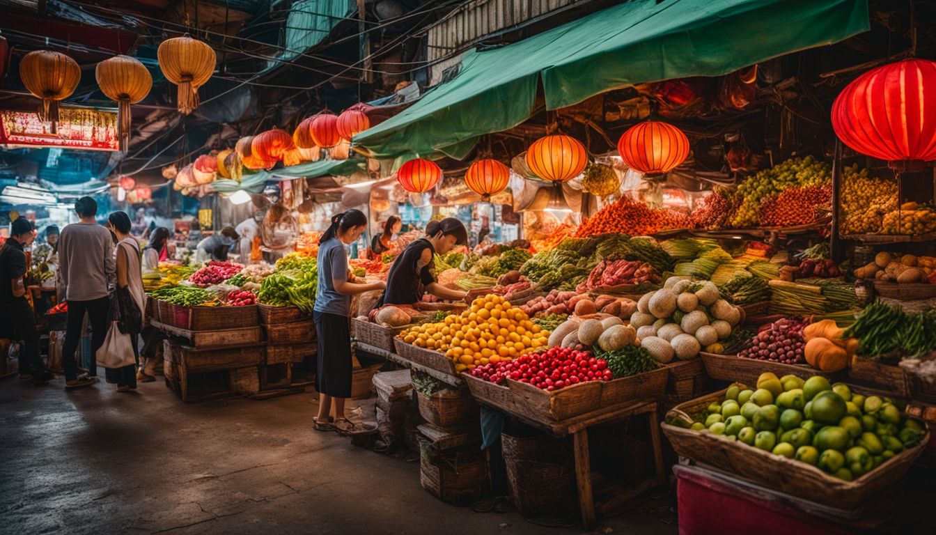 A vibrant Vietnamese market showcasing a variety of colorful fruits, vegetables, spices, and traditional Vietnamese products.