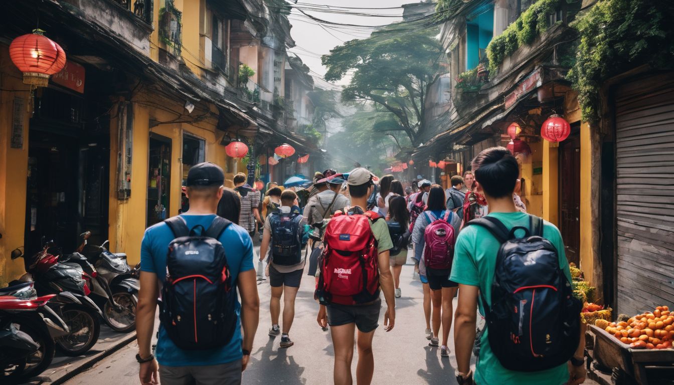 A diverse group of travelers explore the lively streets of Hanoi, capturing the city's vibrant atmosphere with their cameras.