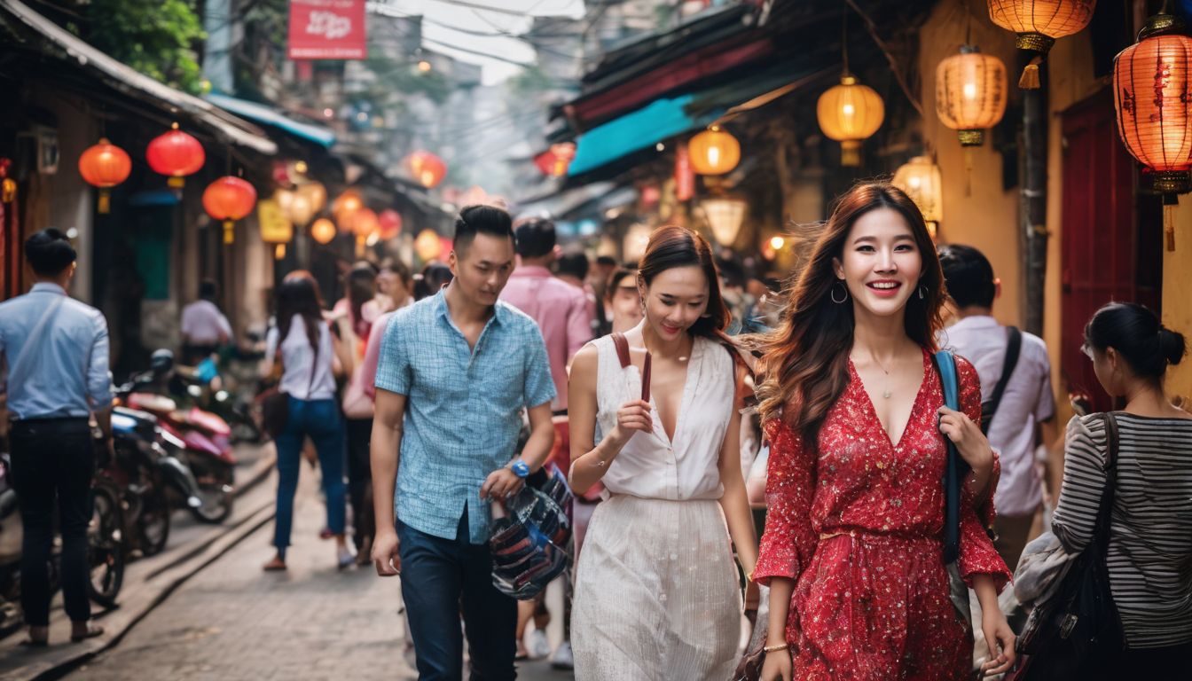 A group of diverse travelers exploring the vibrant streets of Hanoi.