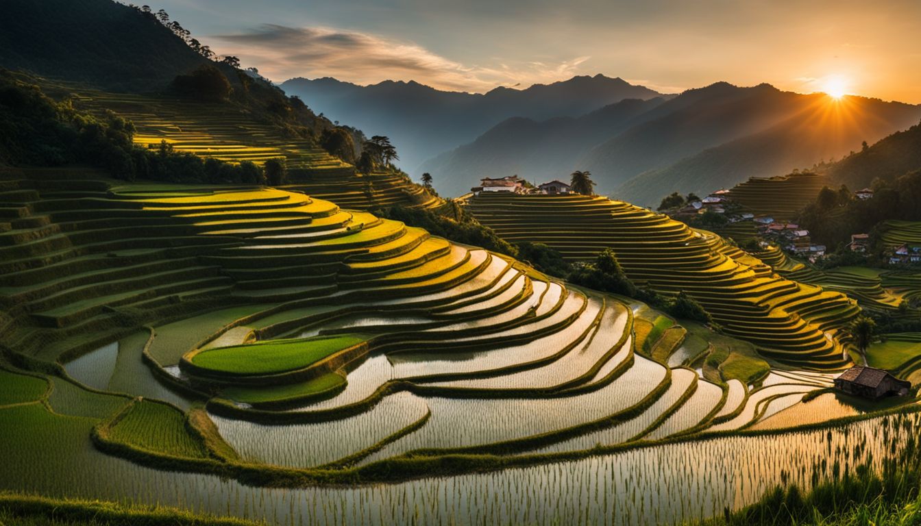 A stunning photograph captures the beauty of a sunset over the rice terraces in Sapa.