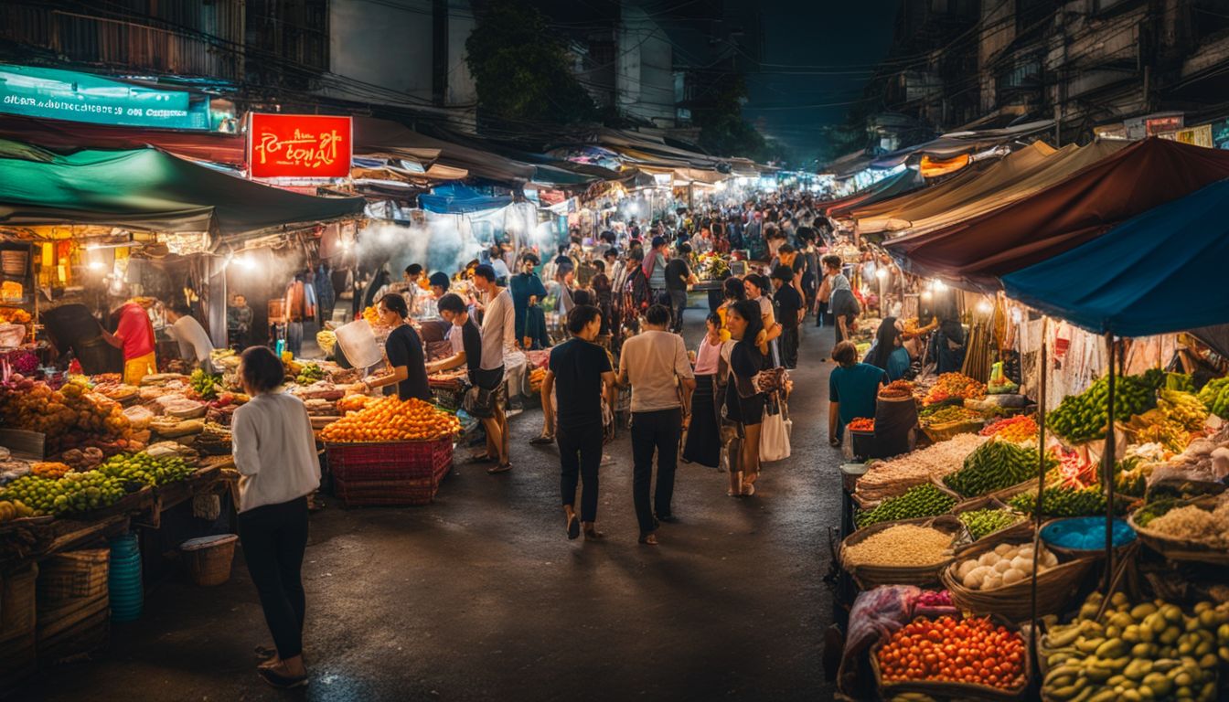 A vibrant street market in Bangkok with bustling stalls and diverse people.