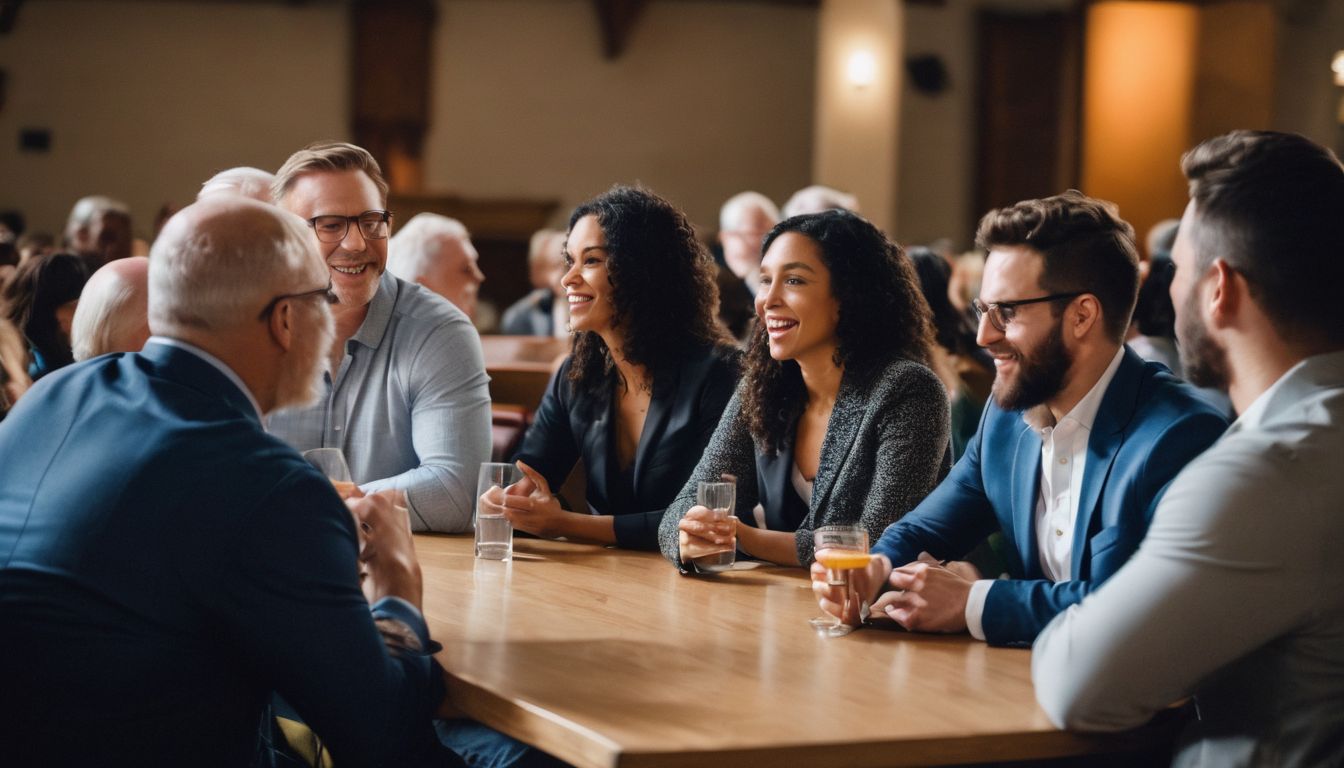 A diverse group of people engage in a lively discussion during a church business fellowship gathering.