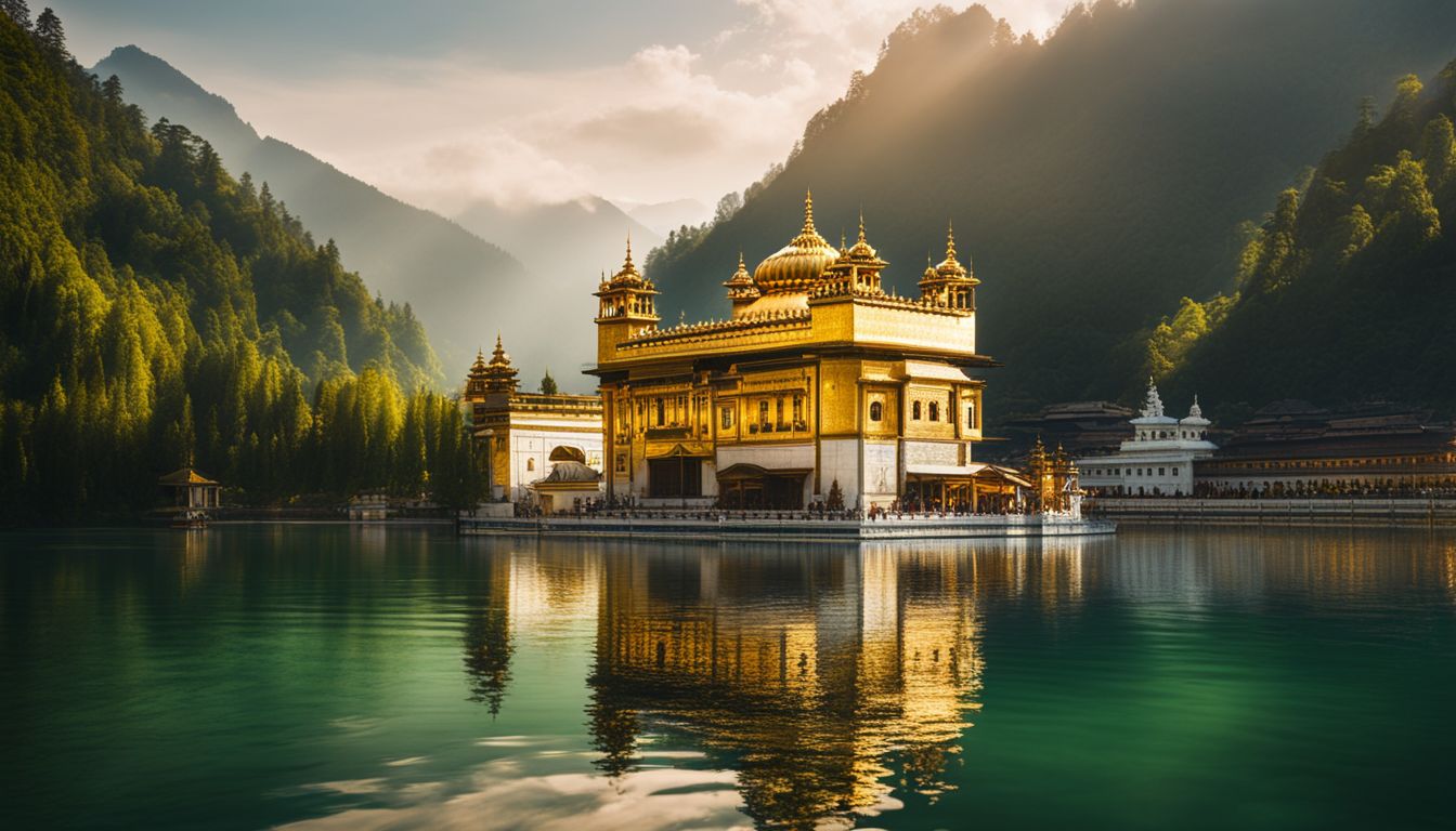 A stunning golden temple surrounded by lush green mountains, capturing the vibrant atmosphere and beauty of nature.