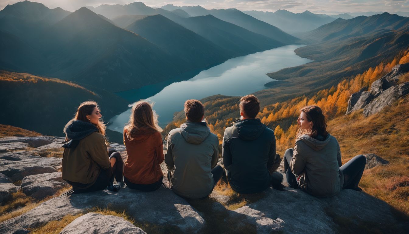 A group of friends are perched on a cliff, enjoying a breathtaking view of the mountain landscape.