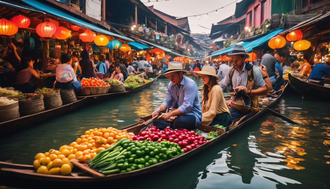 A diverse group of tourists exploring a vibrant floating market.