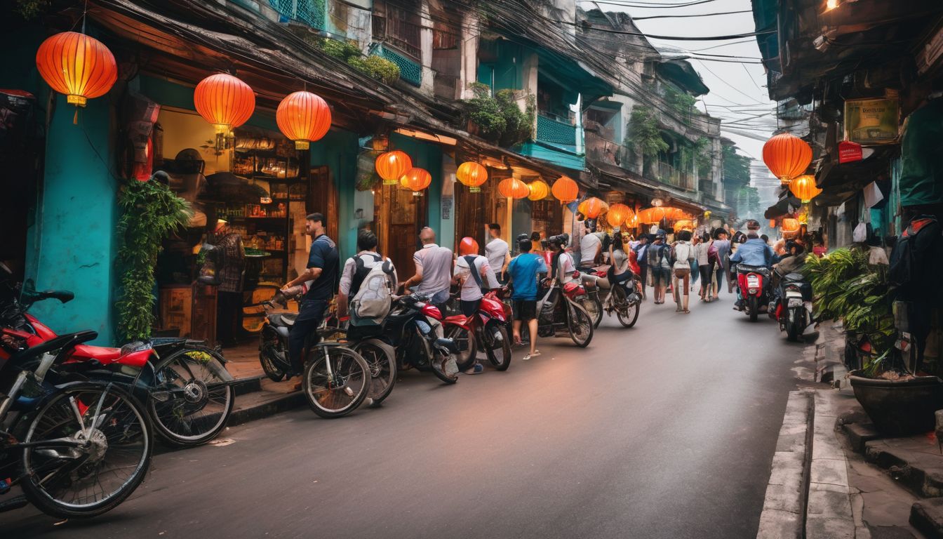 A diverse group of backpackers exploring the bustling streets of Hanoi with colorful attire and vibrant surroundings.