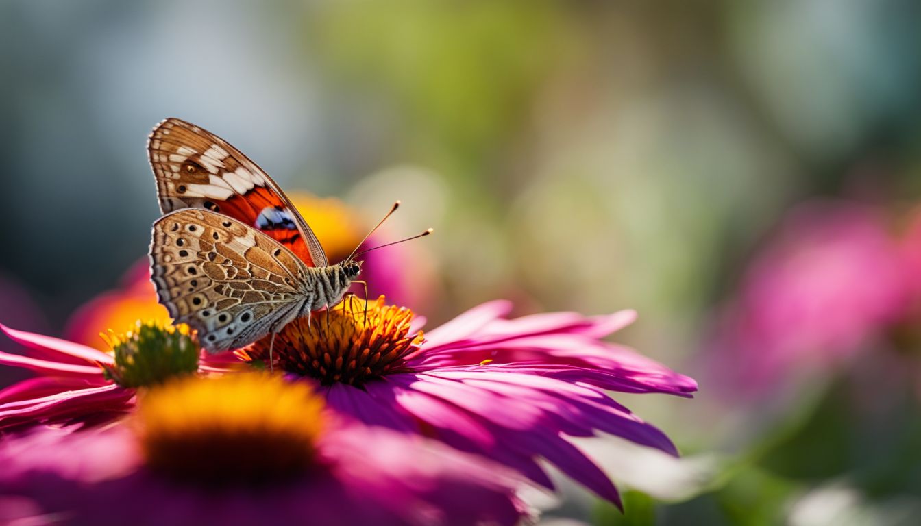 A colorful butterfly perched on a vibrant flower in a bustling natural environment, captured with a high-quality camera.