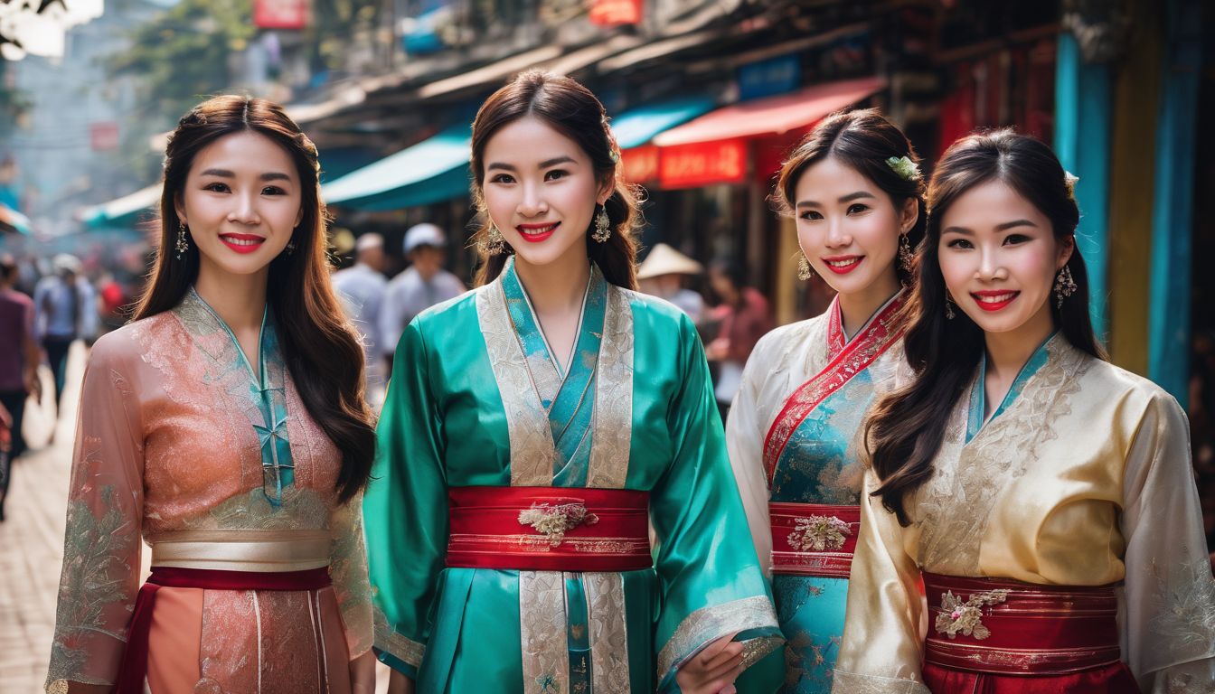 A diverse group of friends in traditional Vietnamese attire explore the vibrant streets of Hanoi.