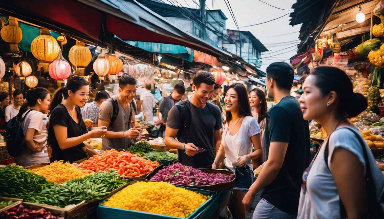 A diverse group of friends explore a busy Thai market in a vibrant and colorful cityscape.