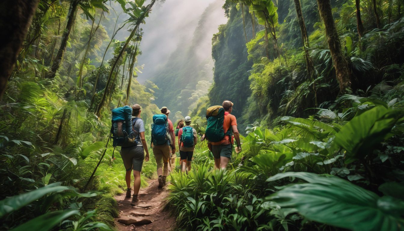 A diverse group of travelers explores a vibrant jungle filled with lush plant life and wildlife.