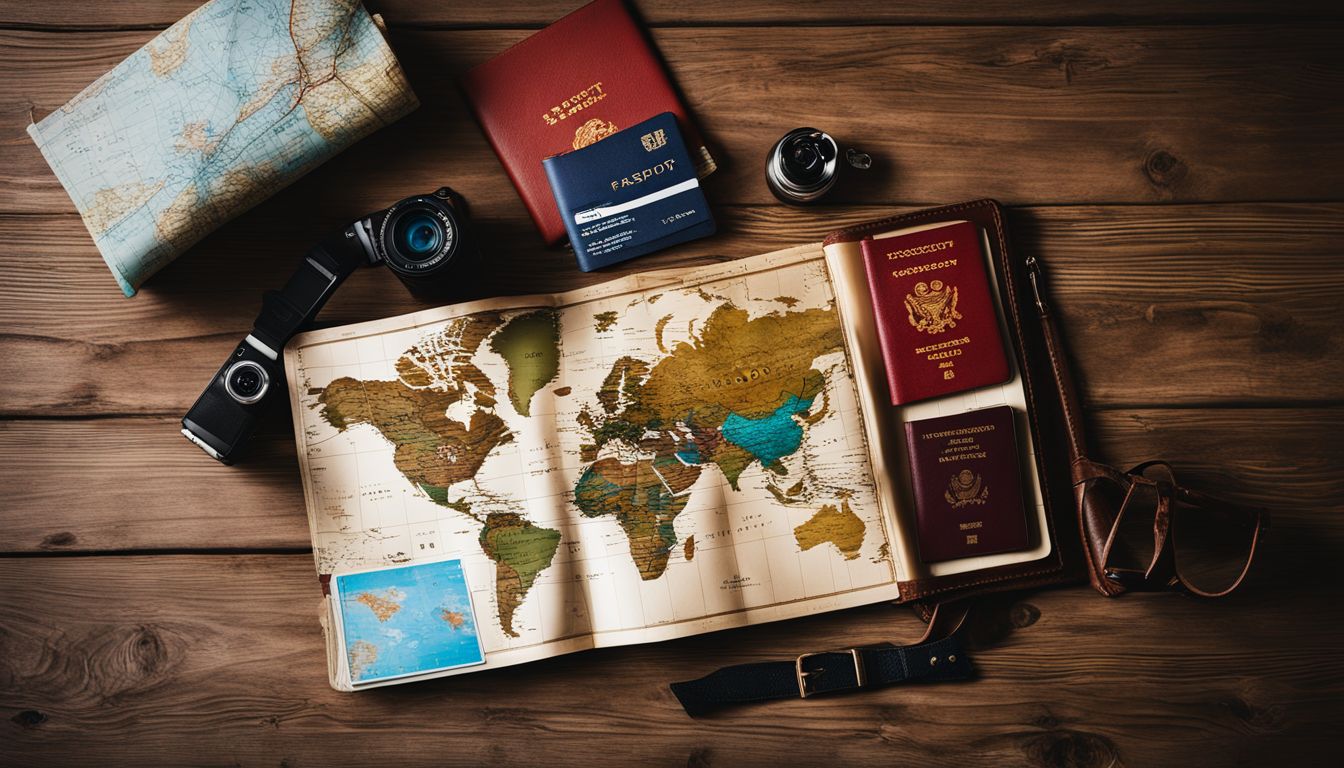 The image features travel essentials and photography equipment laid out on a wooden table, with a map and plane ticket.