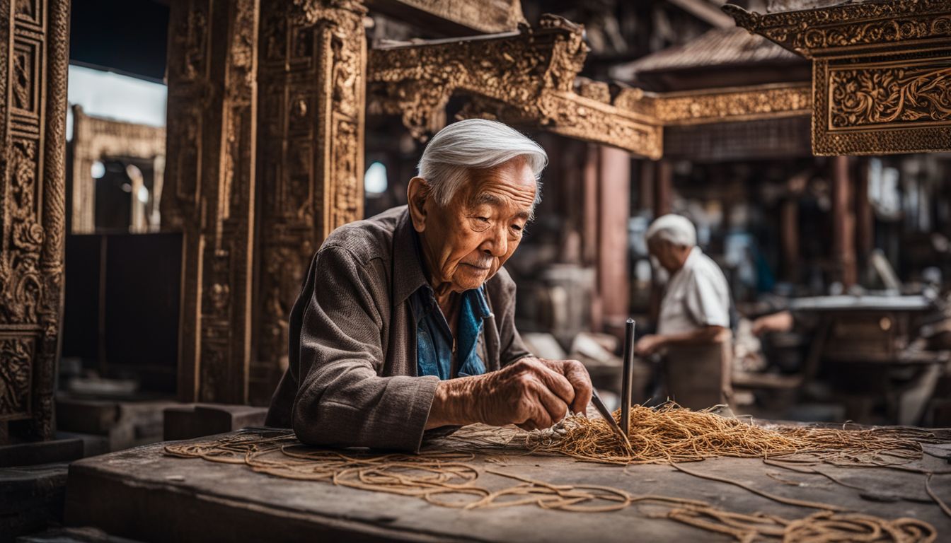 An elderly local artisan meticulously restores the intricate details of Tha Phae Gate in a bustling cityscape.