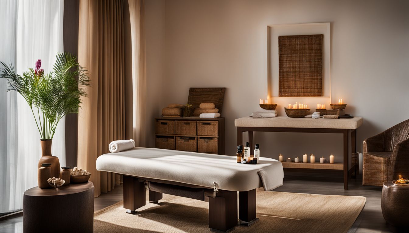 A photograph of a spa setting with a massage table and various people in different outfits and hairstyles.