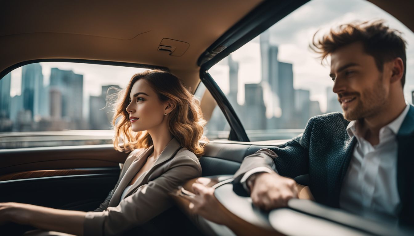 A couple enjoying the bustling city view from a private car.