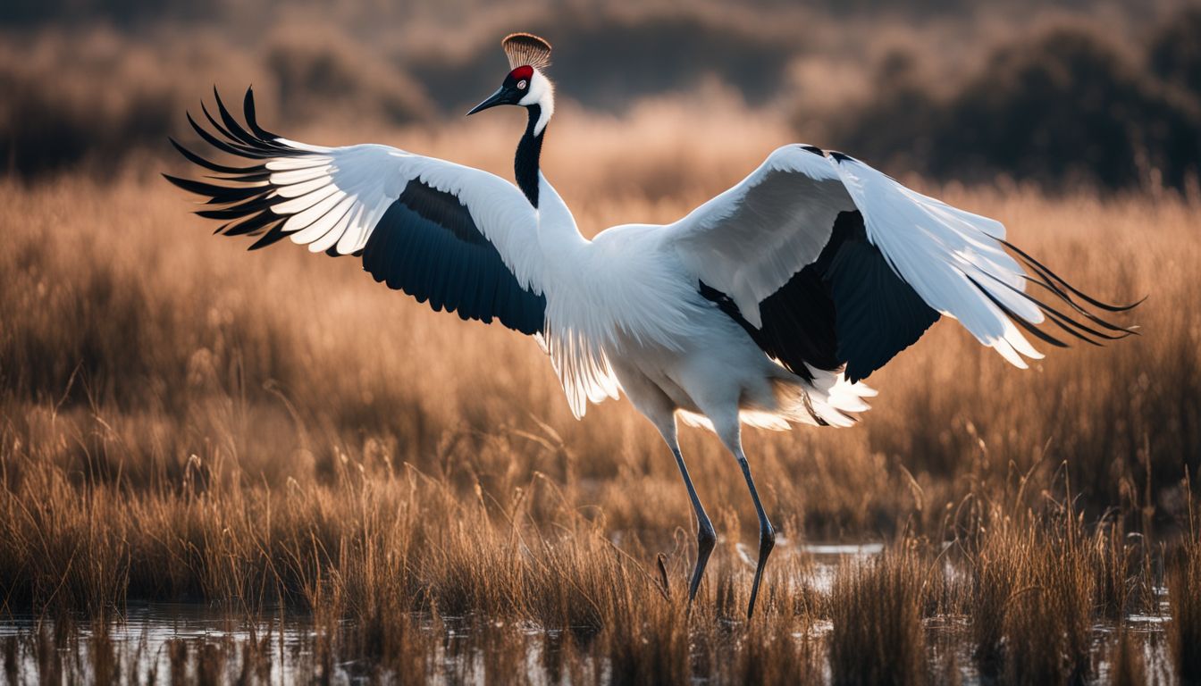 A captivating photo of a red-crowned crane in a wetland, showcasing diverse faces and outfits.