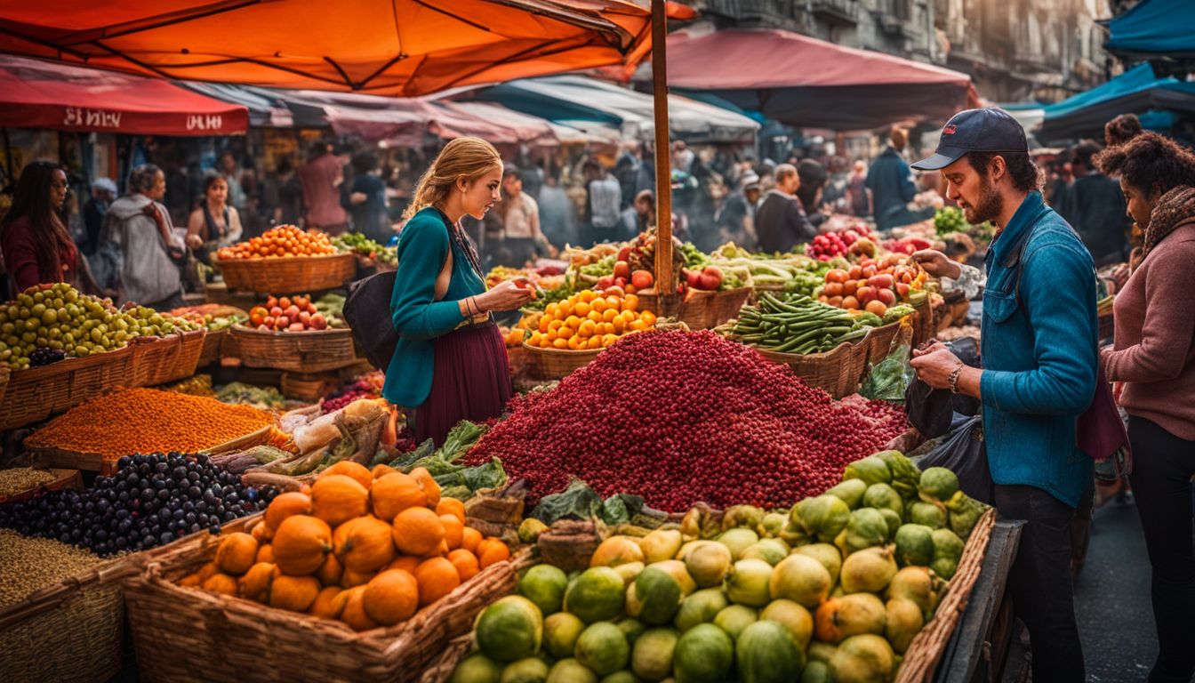 A colorful street market filled with diverse faces, fresh produce, and exotic spices.