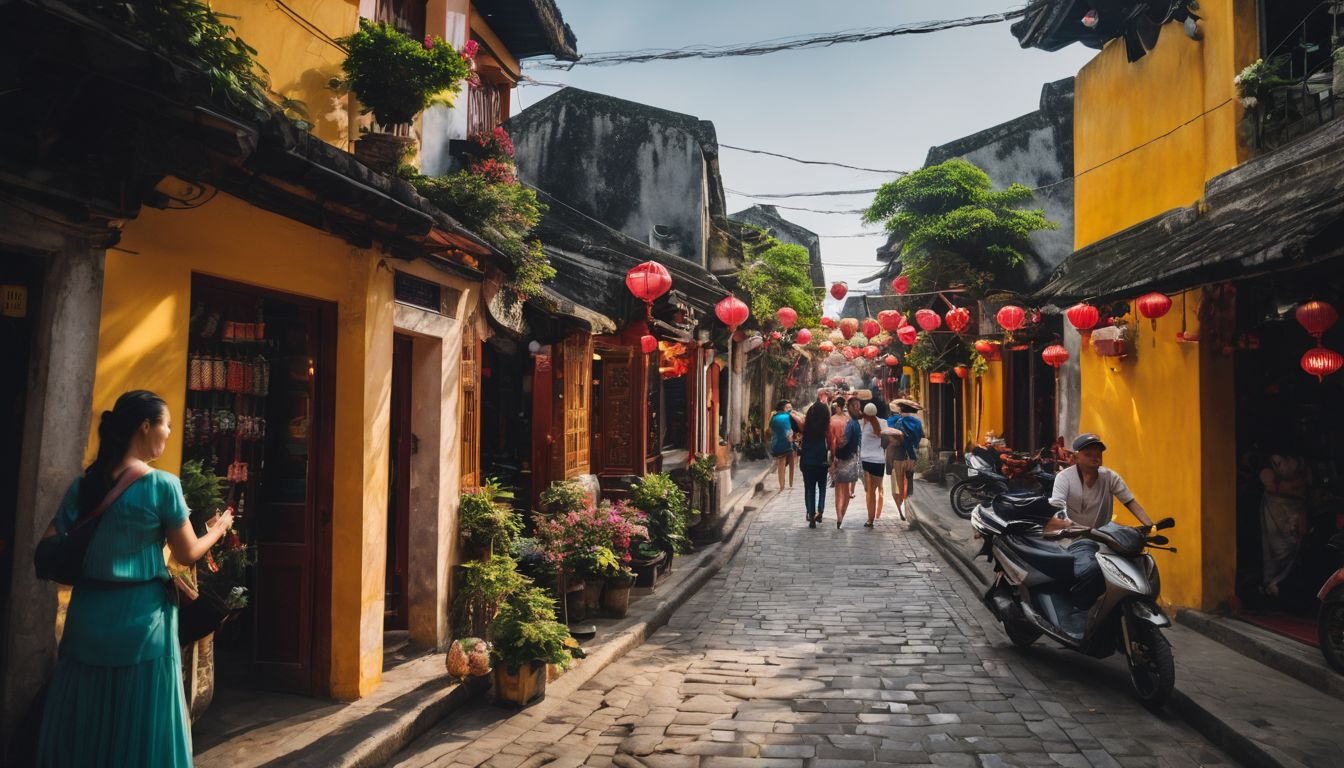 A diverse group of tourists explore the vibrant streets of Hoi An.