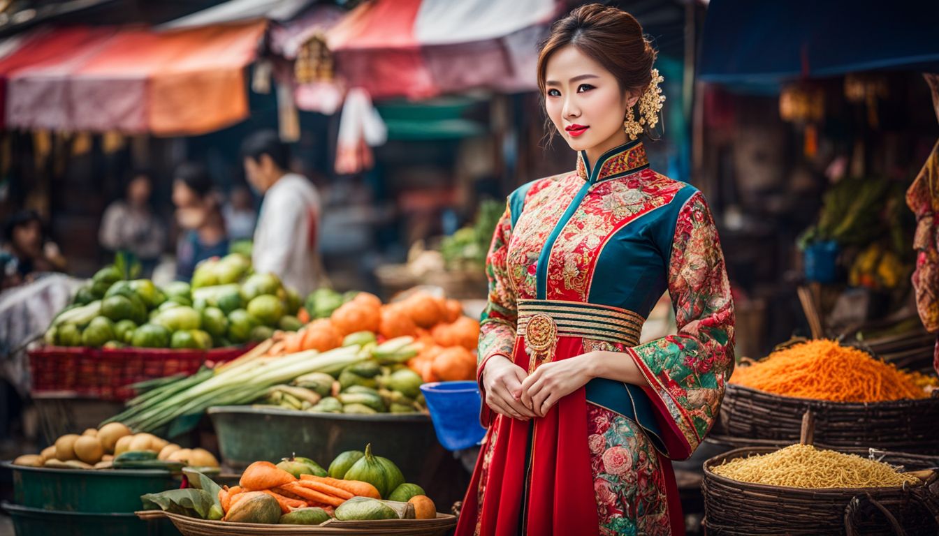 The photo shows a woman in a traditional Vietnamese dress surrounded by a vibrant street market.