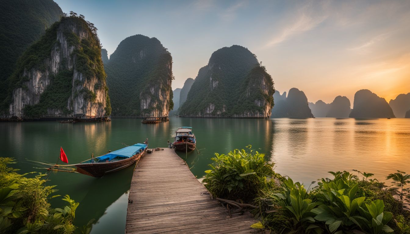 A stunning sunrise over Ha Long Bay with a diverse group of people enjoying the tranquil waters.