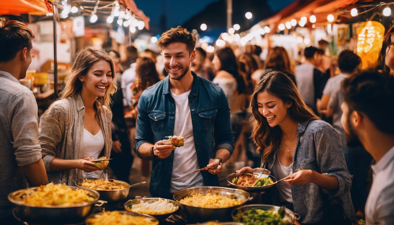 A diverse group of friends enjoy a vibrant street food feast at a bustling night market.
