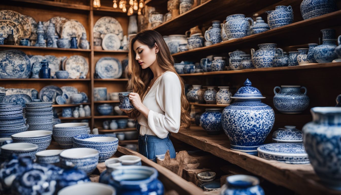A woman admiring colorful Thai pottery in a bustling ceramics shop.