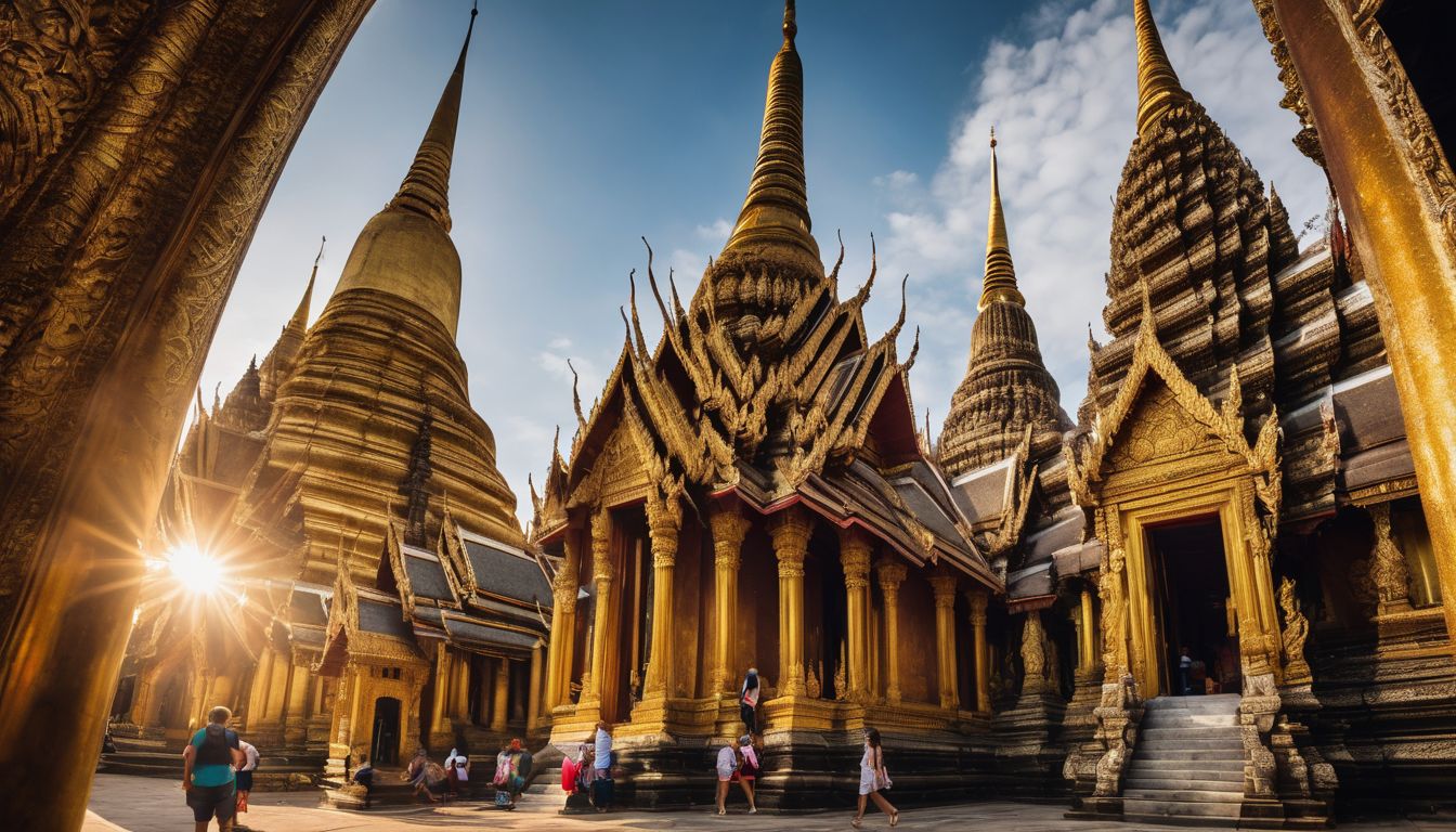 A diverse group of travelers explores the historic temples of Thailand, capturing the bustling atmosphere and intricate architecture.