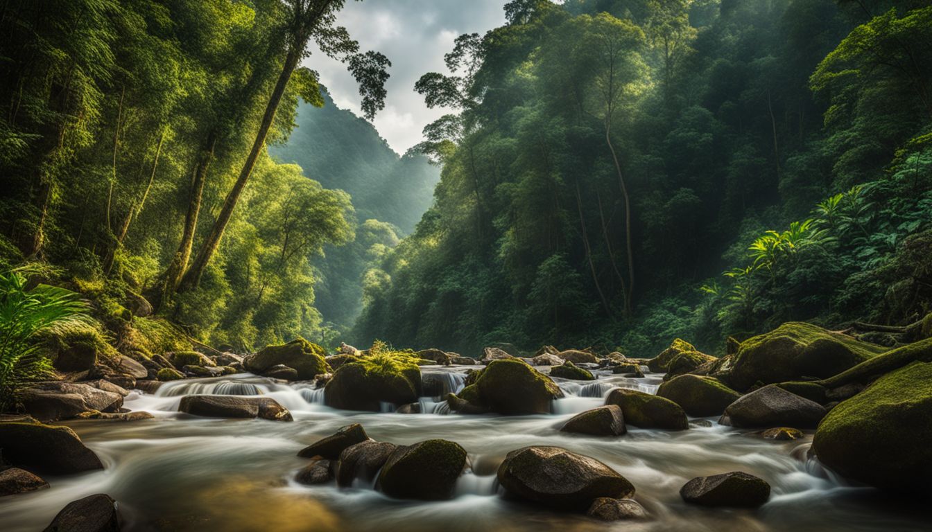 A picturesque river flowing through a vibrant rainforest, capturing the beauty of nature and diverse individuals.