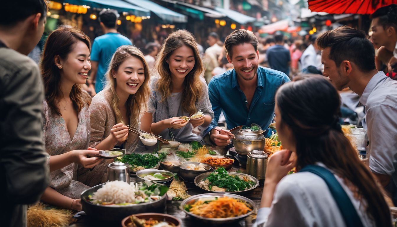 Group of diverse tourists enjoying a traditional Vietnamese meal in a bustling street food market.