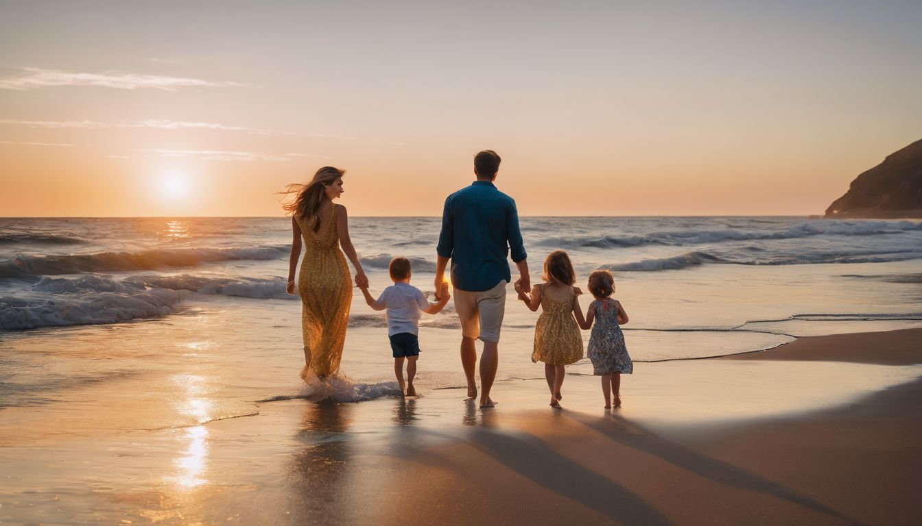 A family of four poses on a beach at sunset in a vibrant and energetic atmosphere.