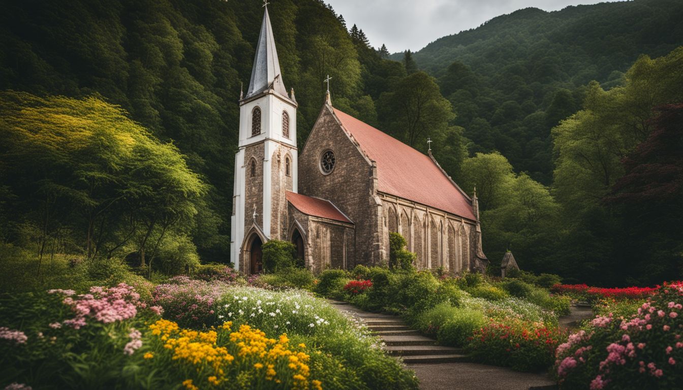 A picturesque church surrounded by lush greenery and flowers, capturing the beauty of nature and architecture.