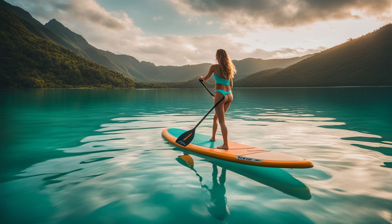 A woman peacefully paddleboarding in a calm, turquoise lagoon surrounded by different faces and outfits.