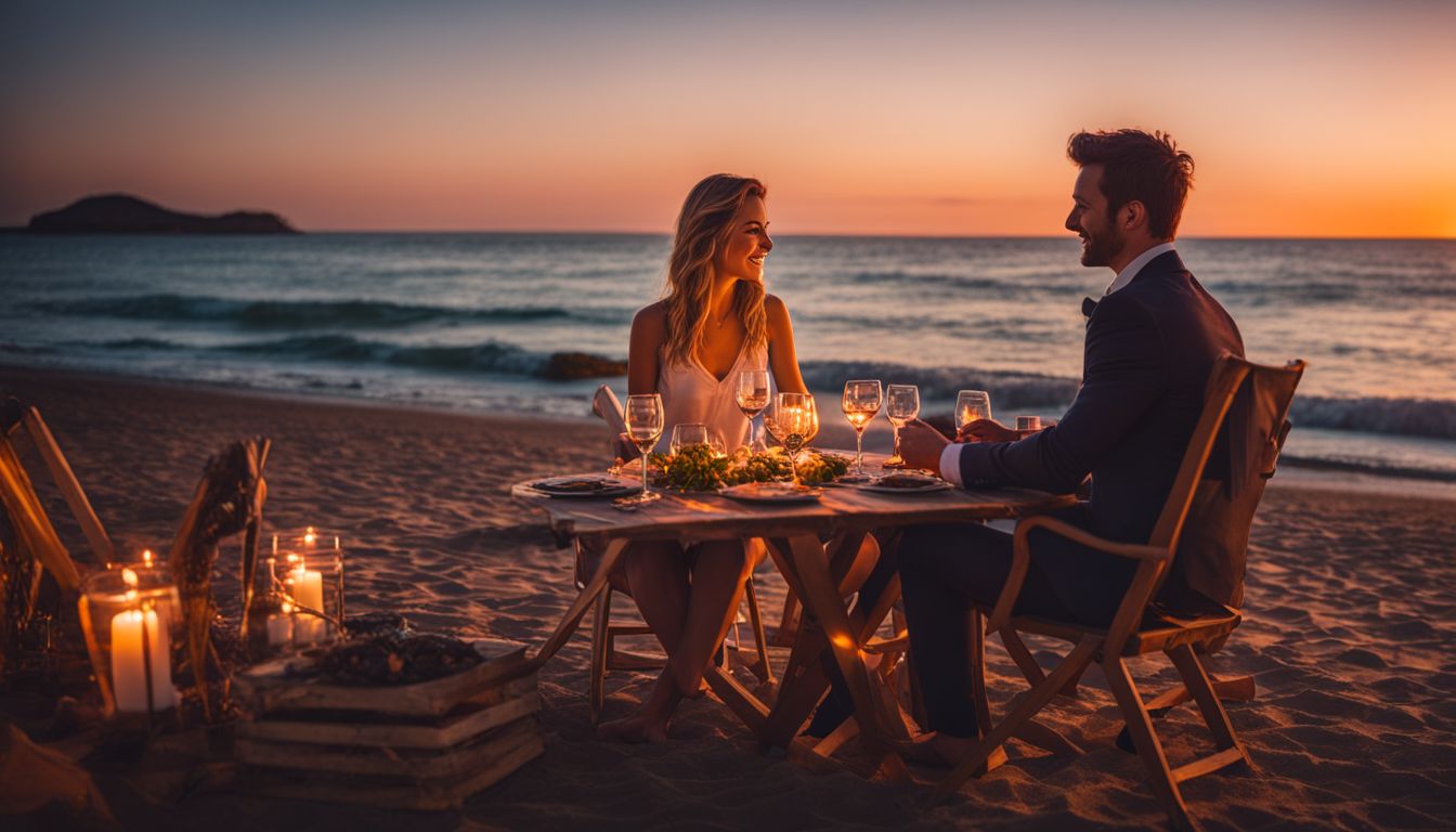 A couple enjoys a romantic sunset dinner on a private beach in a bustling atmosphere.