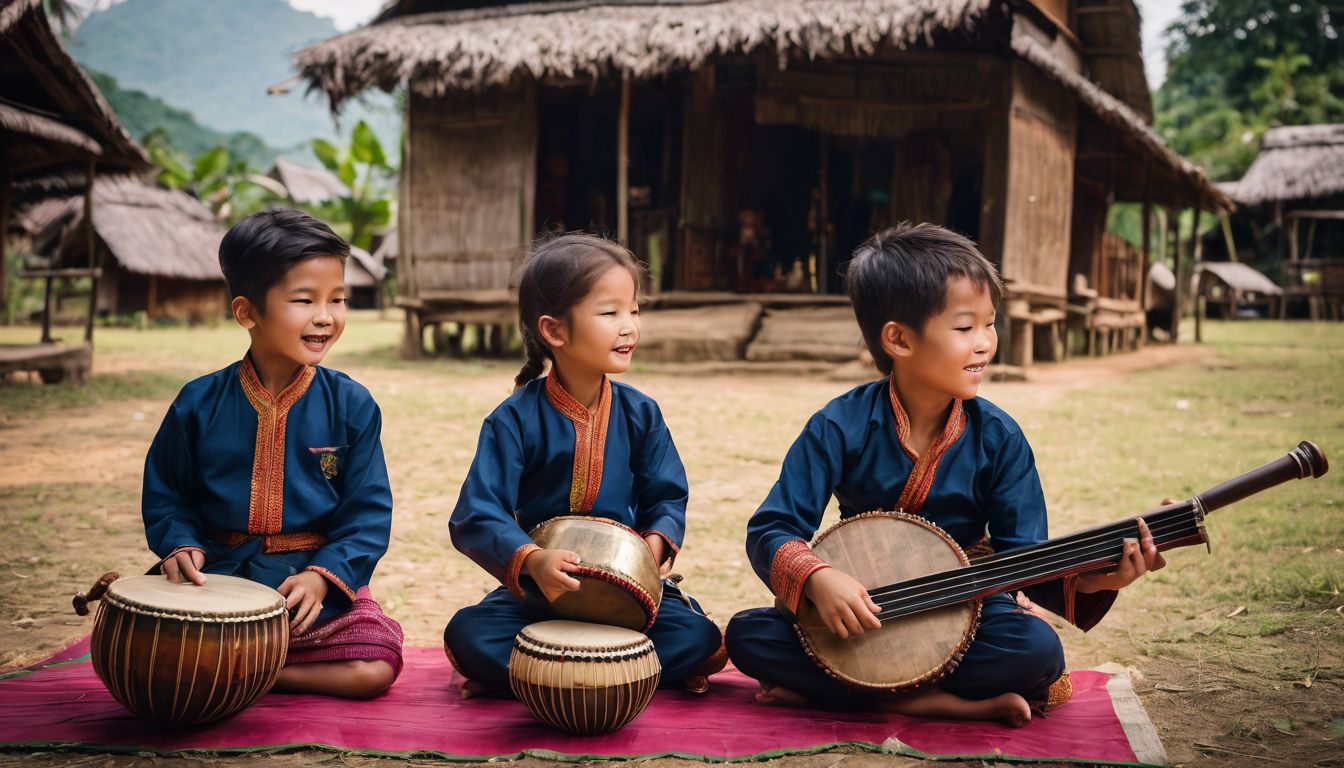 A group of diverse children in a rural village play traditional Thai musical instruments in a bustling atmosphere.